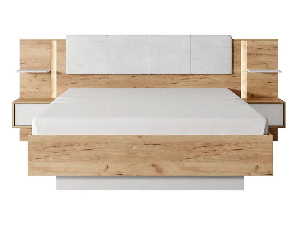 Lit coffre avec chevets 160 x 200 cm - Avec LEDs - Coloris : Naturel et blanc + Matelas - ELYNIA>Vente-unique Hot