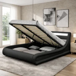 Lit coffre avec LED 140 x 190 cm noir - PORTLAND><noscript><img width=