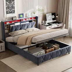 Lit Coffre Avec LED Et USB, Lit Tapissé 160x200, Tissu Velours, Sommier à Lattes En Bois Massif,gris>Simple Life Discount