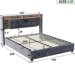 Lit Coffre Avec LED Et USB, Lit Tapissé 160x200, Tissu Velours, Sommier à Lattes En Bois Massif,gris><noscript><img width=