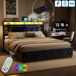 Lit Coffre Avec LED Et USB, Lit Tapissé 160x200, Tissu Velours, Sommier à Lattes En Bois Massif,gris><noscript><img width=