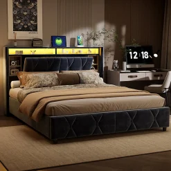 Lit Coffre Avec LED Et USB, Lit Tapissé 160x200, Tissu Velours, Sommier à Lattes En Bois Massif,gris><noscript><img width=