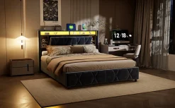 Lit Coffre Avec LED Et USB, Lit Tapissé 160x200, Tissu Velours, Sommier à Lattes En Bois Massif,gris><noscript><img width=