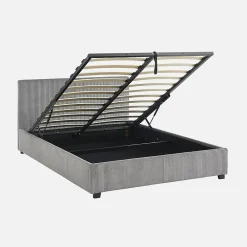Sweeek Lit coffre avec sommier à lattes et tête de lit. finition velours côtelé gris. L 202 x P 148 x H 86cm* Lit Coffre