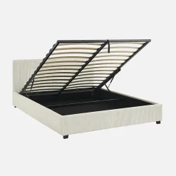 Lit coffre avec sommier à lattes et tête de lit. finition velours côtelé blanc. L 211 x P 168 x H 86cm>Sweeek Clearance