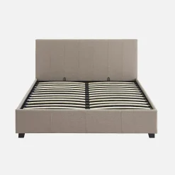 Sweeek Lit coffre avec sommier à lattes et tête de lit. finition tissu beige. L 202 x P 148 x H 86cm* Lit Coffre