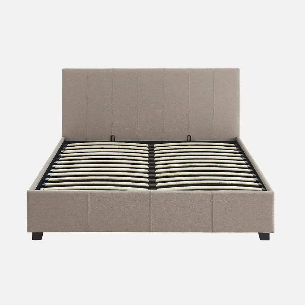 Sweeek Lit coffre avec sommier à lattes et tête de lit. finition tissu beige. L 202 x P 148 x H 86cm* Lit Coffre