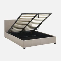 Sweeek Lit coffre avec sommier à lattes et tête de lit. finition tissu beige. L 202 x P 148 x H 86cm* Lit Coffre