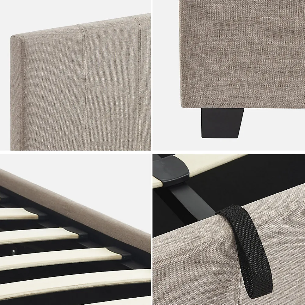 Sweeek Lit coffre avec sommier à lattes et tête de lit. finition tissu beige. L 202 x P 148 x H 86cm* Lit Coffre