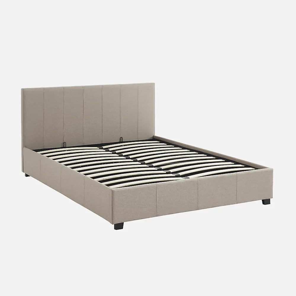 Sweeek Lit coffre avec sommier à lattes et tête de lit. finition tissu beige. L 202 x P 148 x H 86cm* Lit Coffre