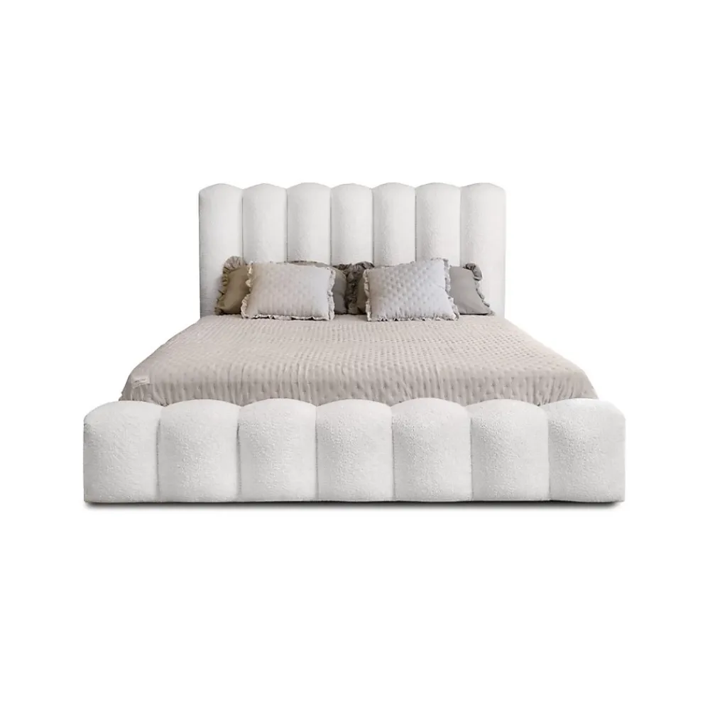 Meublorama Lit coffre BADJA Tissu bouclé Perle de lin 180x200 cm Sommier relevable Design haut de gamme* Lit Double