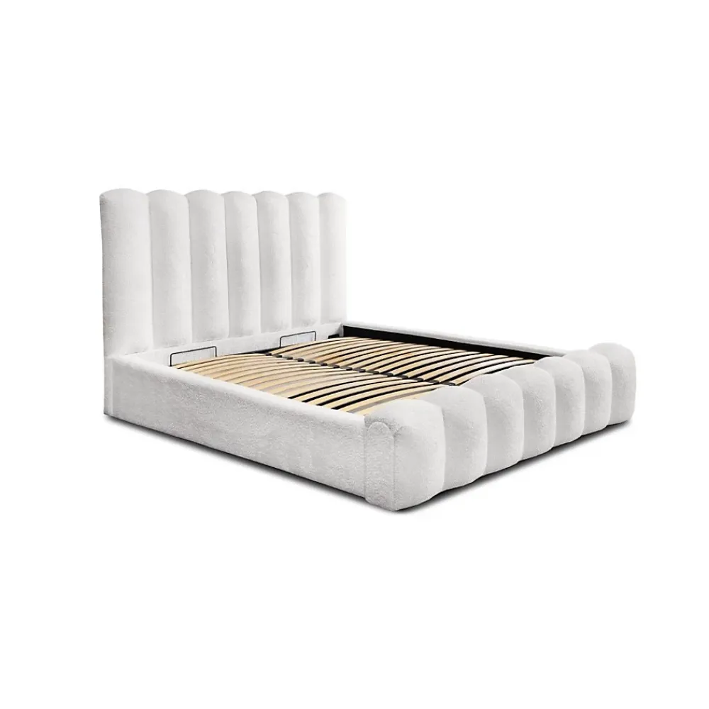 Meublorama Lit coffre BADJA Tissu bouclé Perle de lin 180x200 cm Sommier relevable Design haut de gamme* Lit Double