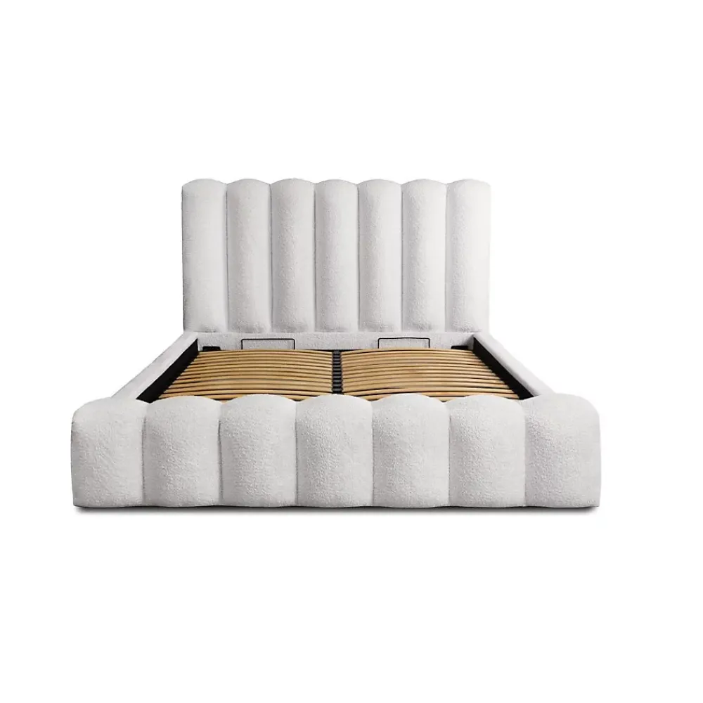 Meublorama Lit coffre BADJA Tissu bouclé Perle de lin 180x200 cm Sommier relevable Design haut de gamme* Lit Double