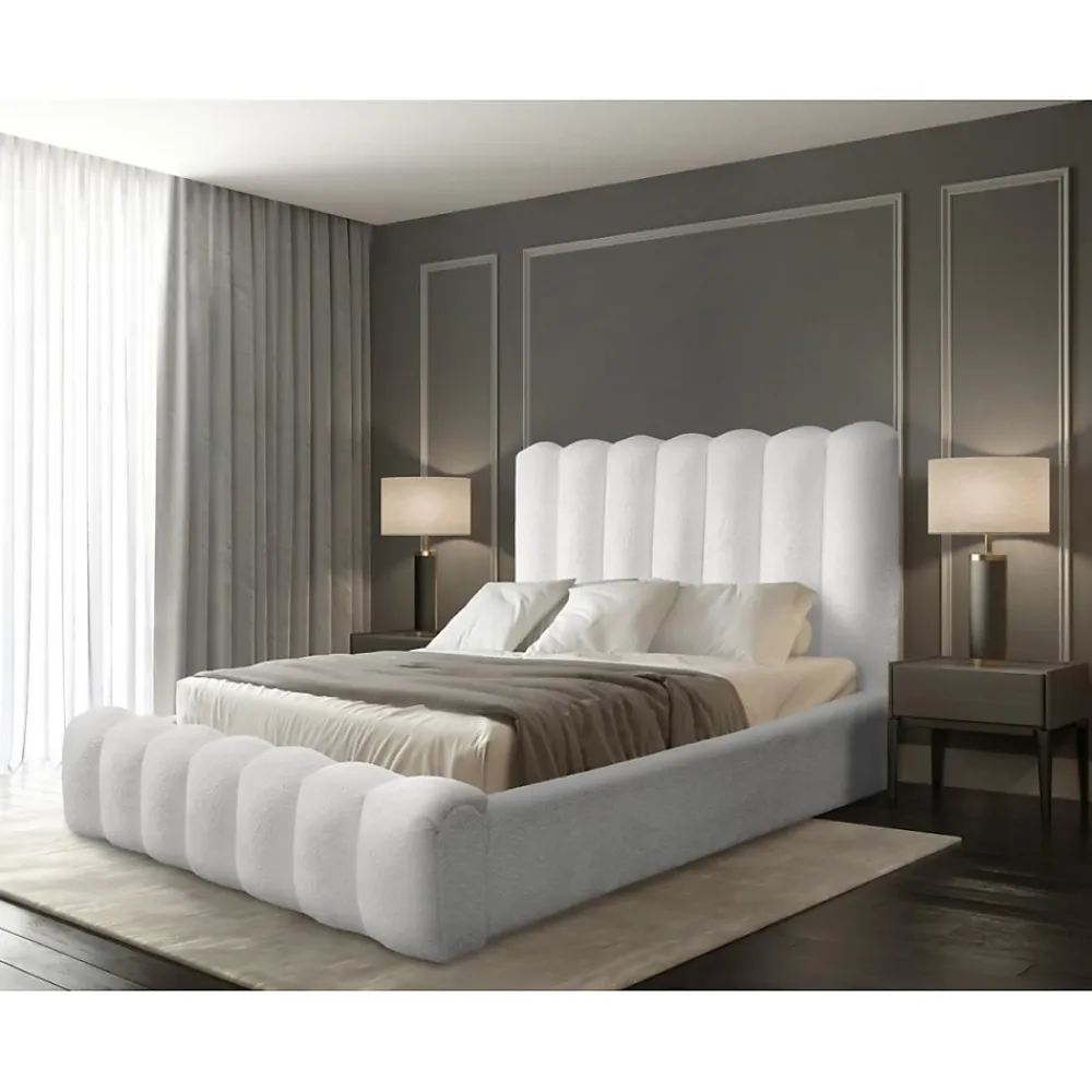 Meublorama Lit coffre BADJA Tissu bouclé Perle de lin 180x200 cm Sommier relevable Design haut de gamme* Lit Double