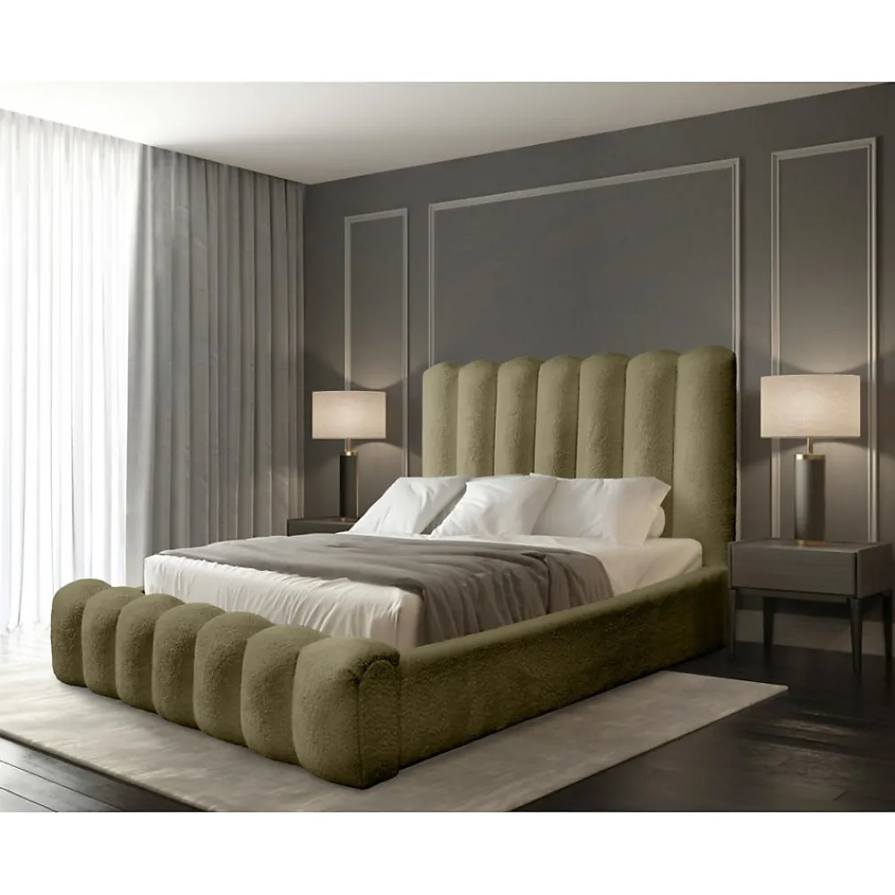 Lit coffre BADJA Tissu bouclé Sauge sèchée 160x200 cm Sommier relevable Design haut de gamme>Meublorama New