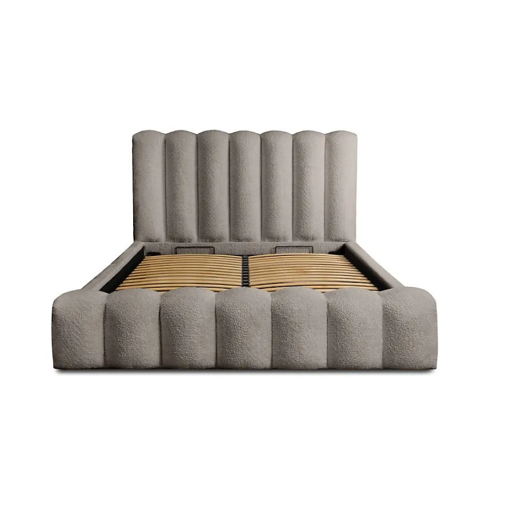 Lit coffre BADJA Tissu bouclé Taupe cendré 140x200 cm Sommier relevable Design haut de gamme>Meublorama Outlet