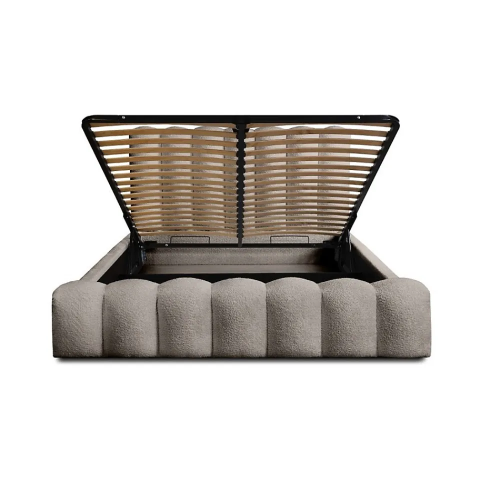 Lit coffre BADJA Tissu bouclé Taupe cendré 140x200 cm Sommier relevable Design haut de gamme>Meublorama Outlet