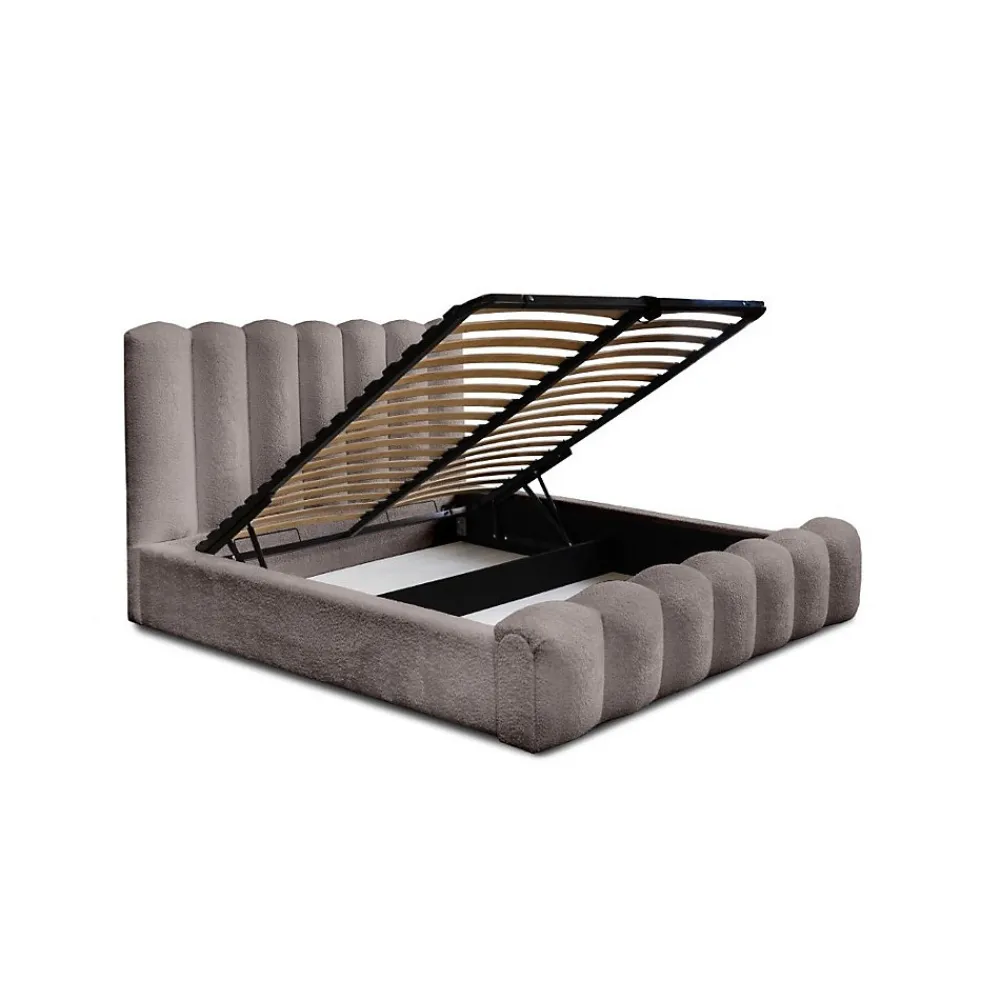 Lit coffre BADJA Tissu bouclé Taupe cendré 140x200 cm Sommier relevable Design haut de gamme>Meublorama Outlet