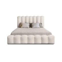 Meublorama Lit coffre BADJA Tissu bouclé Ivoire rosé 180x200 cm Sommier relevable Design haut de gamme* Lit Double