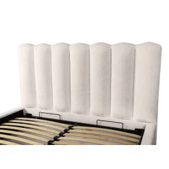 Meublorama Lit coffre BADJA Tissu bouclé Ivoire rosé 180x200 cm Sommier relevable Design haut de gamme* Lit Double