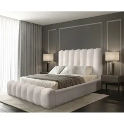 Meublorama Lit coffre BADJA Tissu bouclé Ivoire rosé 180x200 cm Sommier relevable Design haut de gamme* Lit Double
