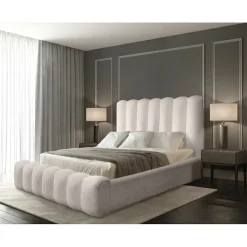 Lit coffre BADJA Tissu bouclé Ivoire rosé 140x200 cm Sommier relevable Design haut de gamme>Meublorama Discount