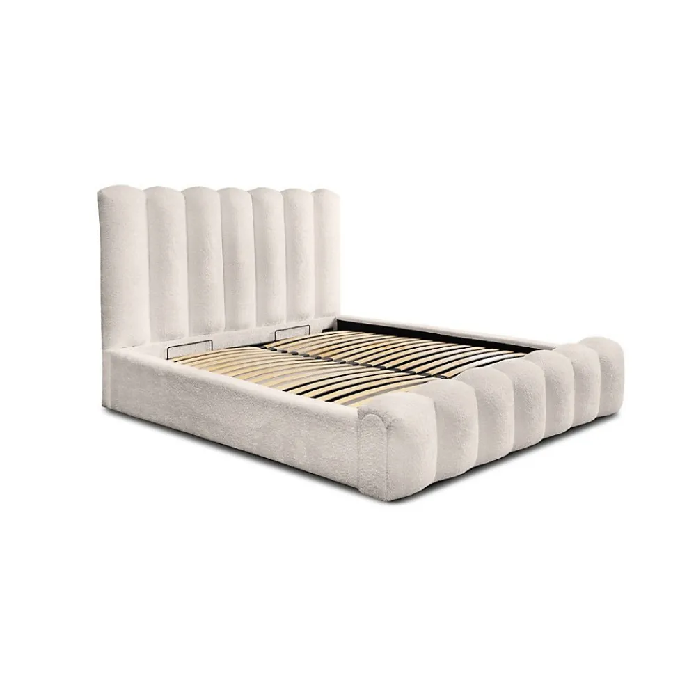 Lit coffre BADJA Tissu bouclé Ivoire rosé 140x200 cm Sommier relevable Design haut de gamme>Meublorama Discount