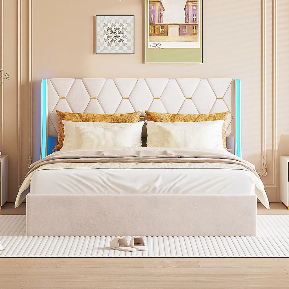 ProximaX Lit Coffre beige 160x200 cm, Lit Double avec Rangement, Lits pour Adulte Coffre,avec LED Tete de lit Tissu Velours* Lit Coffre