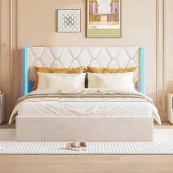 ProximaX Lit Coffre beige 140x190 cm, Lit Double avec Rangement, Lits pour Adulte Coffre,avec LED Tete de lit Tissu Velours* Lit Coffre