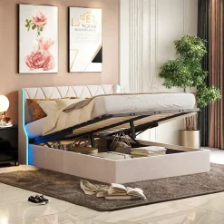 ProximaX Lit Coffre beige 140x190 cm, Lit Double avec Rangement, Lits pour Adulte Coffre,avec LED Tete de lit Tissu Velours* Lit Coffre