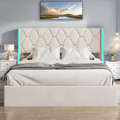 ProximaX Lit Coffre beige 140x190 cm, Lit Double avec Rangement, Lits pour Adulte Coffre,avec LED Tete de lit Tissu Velours* Lit Coffre