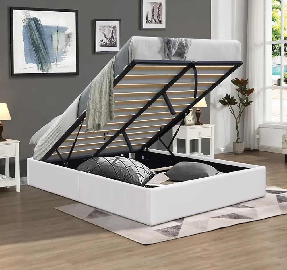 King Of Dreams Lit coffre blanc Loris - 140x190 cm - avec pieds - matelas 2x12 lattes - facile entretien - confort optimal - style moderne -* Lit Coffre
