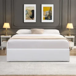 King Of Dreams Lit coffre blanc Loris - 140x190 cm - avec pieds - matelas 2x12 lattes - facile entretien - confort optimal - style moderne -* Lit Coffre
