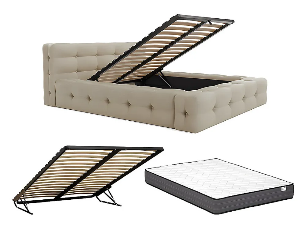 Lit coffre capitonné 140 x 190 cm - Tissu chiné - Beige + Matelas - LERUCO>Vente-unique New