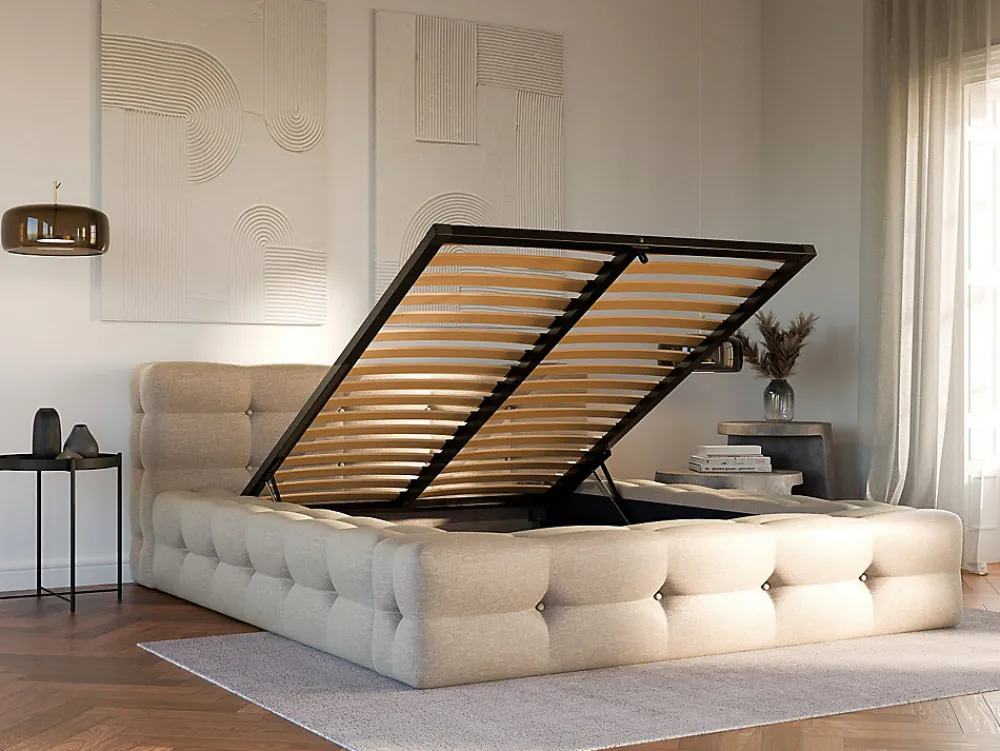 Lit coffre capitonné 140 x 190 cm - Tissu chiné - Beige + Matelas - LERUCO>Vente-unique New