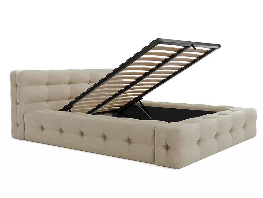 Lit coffre capitonné 140 x 190 cm - Tissu chiné - Beige + Matelas - LERUCO>Vente-unique New