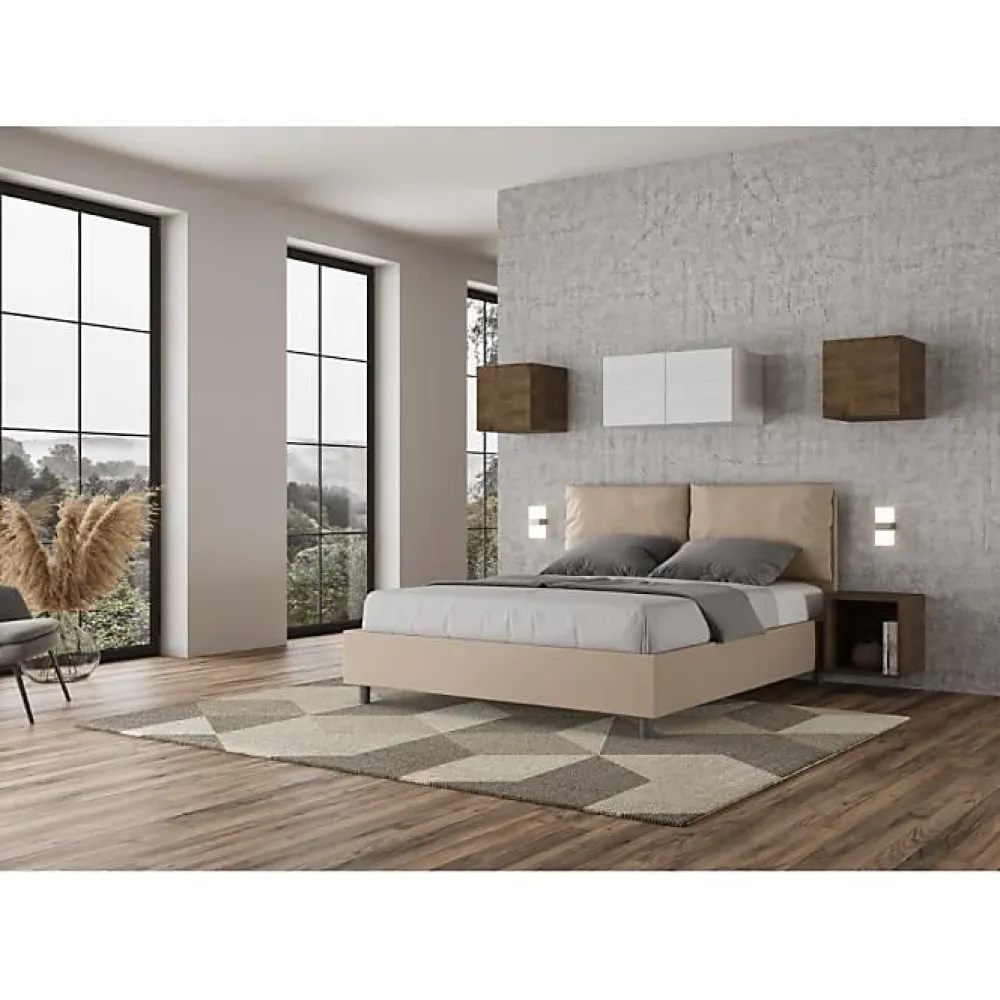 Ityhome Lit coffre capitonné simili cuir gris tourterelle Antea 160x200* Lit Coffre