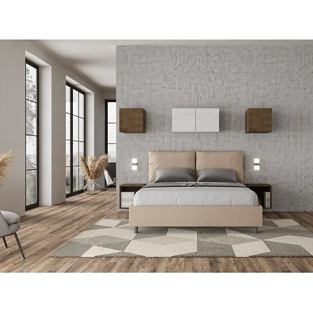 Ityhome Lit coffre capitonné simili cuir gris tourterelle Antea 160x200* Lit Coffre
