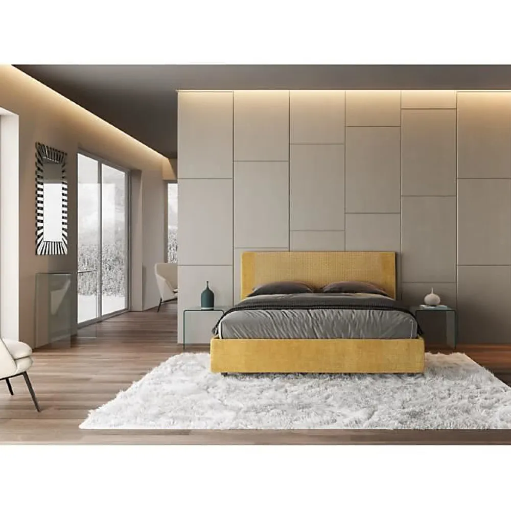 Ityhome Lit coffre capitonné 160x200 Labirinto 06 tissu Rosal jaune* Lit Coffre