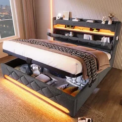 ModernLuxe Lit coffre capitonné 160x200cm avec LED et Ports de charge USB - tissu en Lin - tête de lit avec espace de rangement - Gris* Lit Coffre