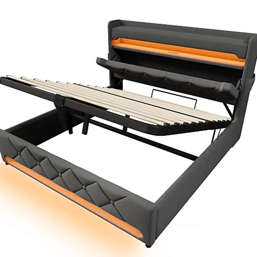 ModernLuxe Lit coffre capitonné 160x200cm avec LED et Ports de charge USB - tissu en Lin - tête de lit avec espace de rangement - Gris* Lit Coffre