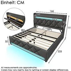 ModernLuxe Lit coffre capitonné 160x200cm avec LED et Ports de charge USB - tissu en Lin - tête de lit avec espace de rangement - Gris* Lit Coffre