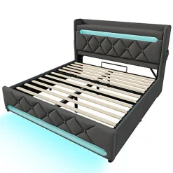 ModernLuxe Lit coffre capitonné 160x200cm avec LED et Ports de charge USB - tissu en Lin - tête de lit avec espace de rangement - Gris* Lit Coffre