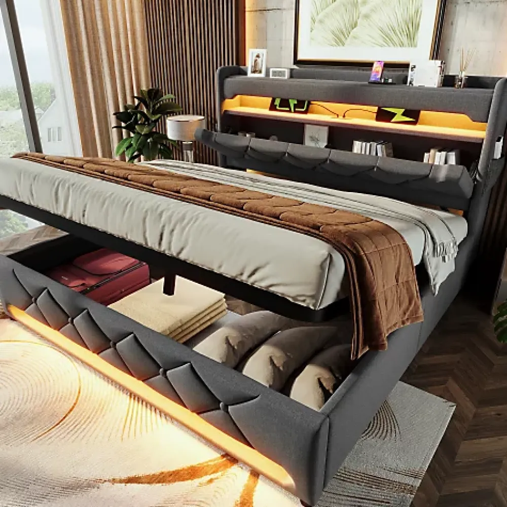 ModernLuxe Lit coffre capitonné 160x200cm avec LED et Ports de charge USB - tissu en Lin - tête de lit avec espace de rangement - Gris* Lit Coffre