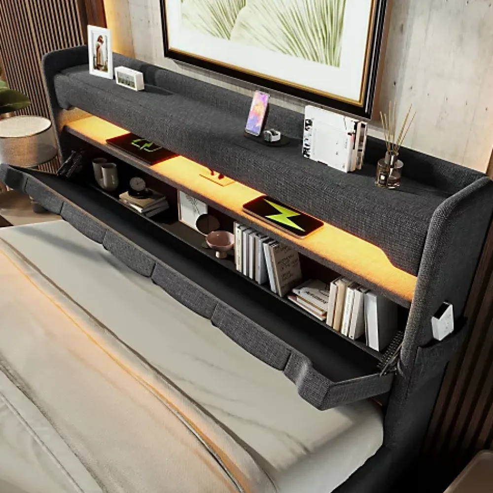 ModernLuxe Lit coffre capitonné 160x200cm avec LED et Ports de charge USB - tissu en Lin - tête de lit avec espace de rangement - Gris* Lit Coffre