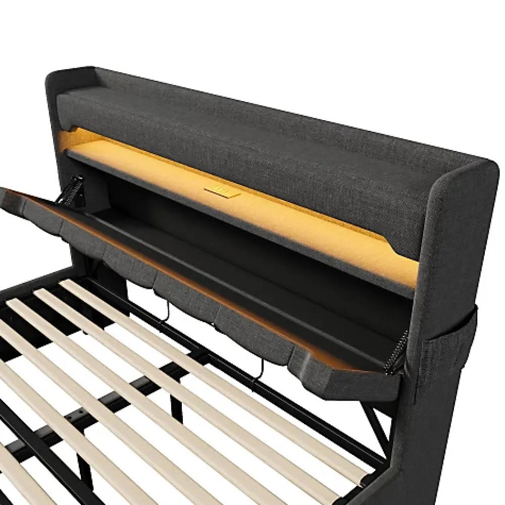ModernLuxe Lit coffre capitonné 160x200cm avec LED et Ports de charge USB - tissu en Lin - tête de lit avec espace de rangement - Gris* Lit Coffre