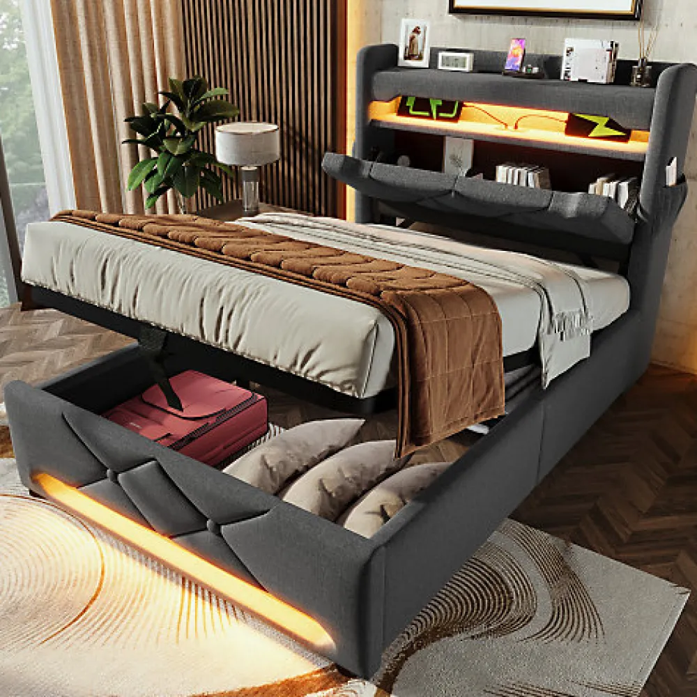 Lit coffre capitonné 90x200cm avec LED et ports de charge USB - tissu en Lin - tête de lit avec espace de rangement - Gris>ModernLuxe New