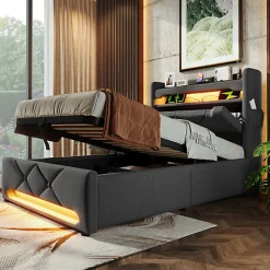 Lit coffre capitonné 90x200cm avec LED et ports de charge USB - tissu en Lin - tête de lit avec espace de rangement - Gris>ModernLuxe New