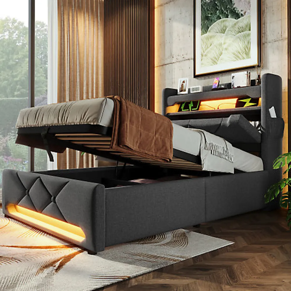 Lit coffre capitonné 90x200cm avec LED et ports de charge USB - tissu en Lin - tête de lit avec espace de rangement - Gris>ModernLuxe New