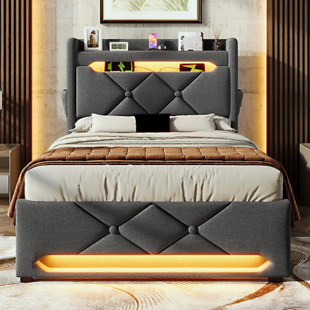 Lit coffre capitonné 90x200cm avec LED et ports de charge USB - tissu en Lin - tête de lit avec espace de rangement - Gris>ModernLuxe New